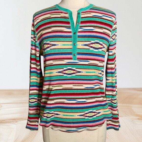 Ralph Lauren CHAPS Aztec South Western Thermal Henley Top Sz L 100% Cotton Boho - Picture 1 of 10
